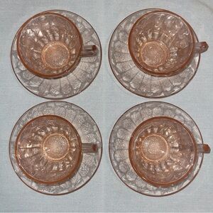Pink Depression Glass Jeannette Poinsettia 4 Tea Cups 6 Saucers 1930’s
